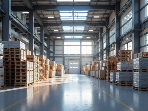 现代化物流中心外景，大型仓库建筑，集装箱整齐排列，叉车作业，蓝天白云背景