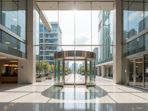 公司办公大楼外景，现代化玻璃幕墙建筑，门口有公司标识牌，绿植环绕